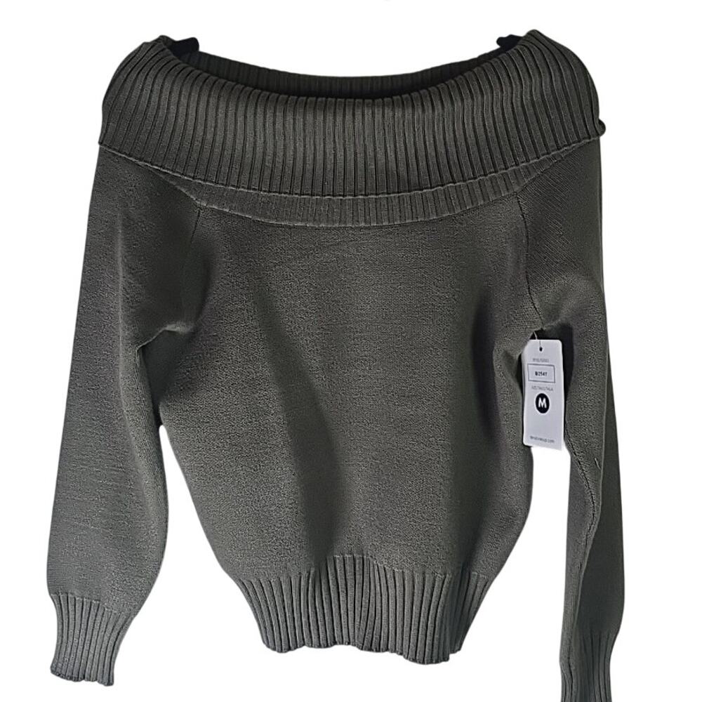 NWT Ten Stories Up Cowl Neck Cotton Sweater Off Shoulder Womens Medium Green